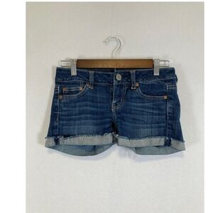 American Eagle Stretch Denim Shorts W 00 Blue Dark Wash Cuffed Raw Hem Low Rise